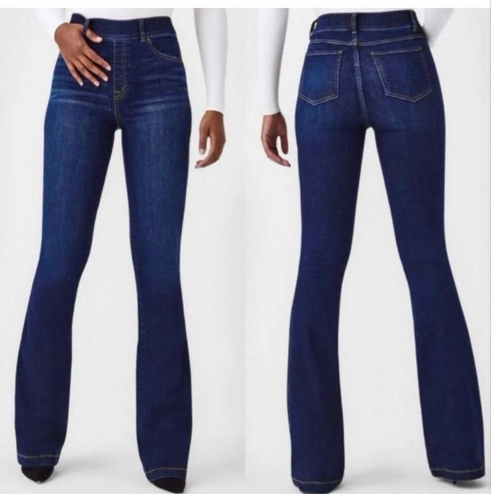SPANX Dark Wash Denim Flare Jeans Women’s Large Tall Stretch High Rise Pull On